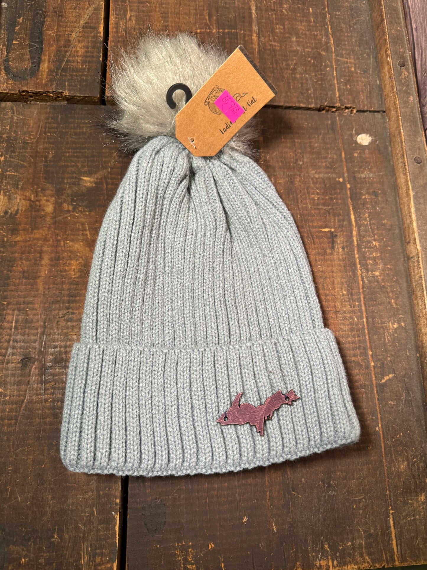 Gray Knit Hat with Faux Pom and Wooden U.P.