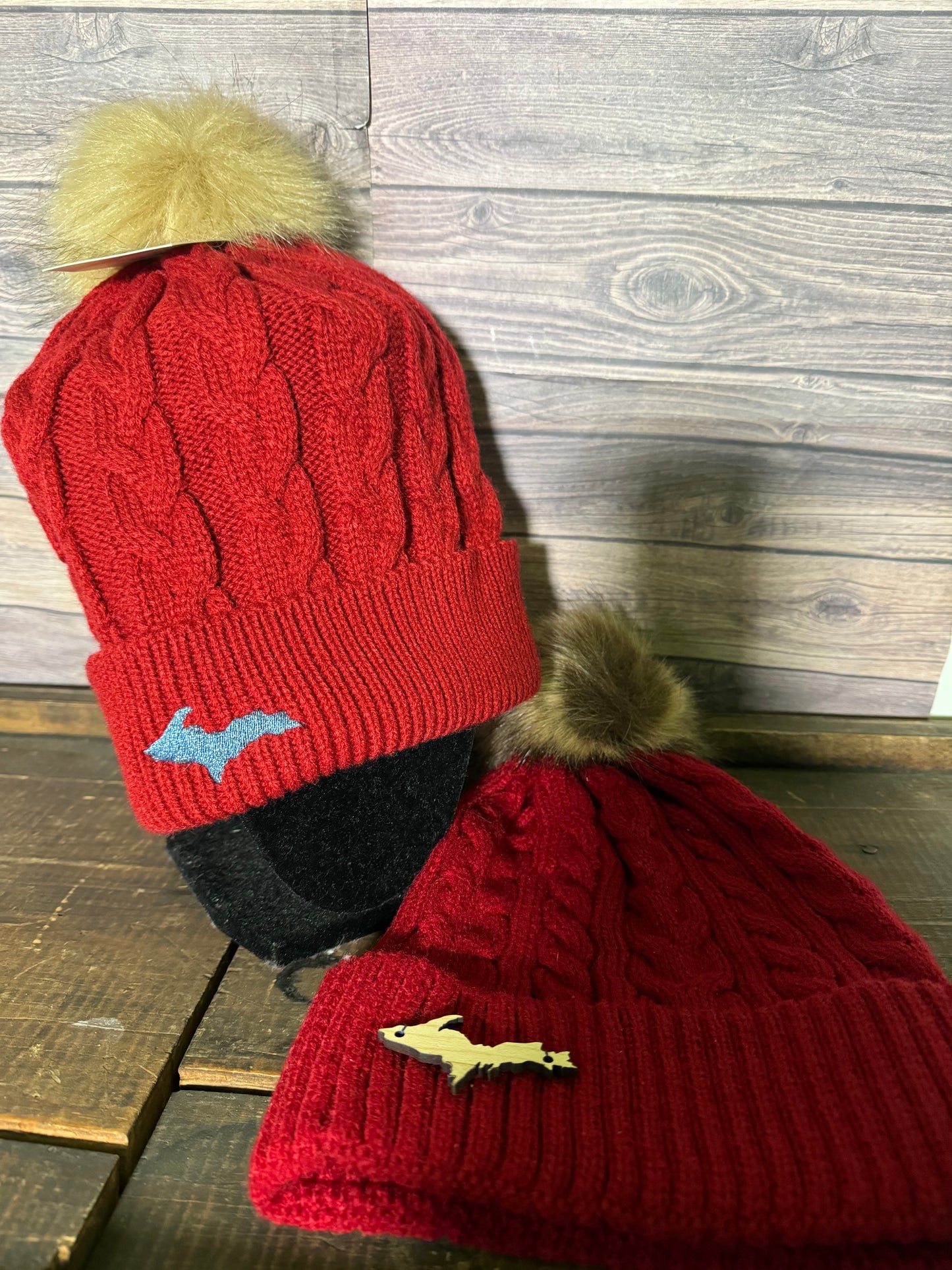 Red Cable Knit Hats with Faux Fur Pom