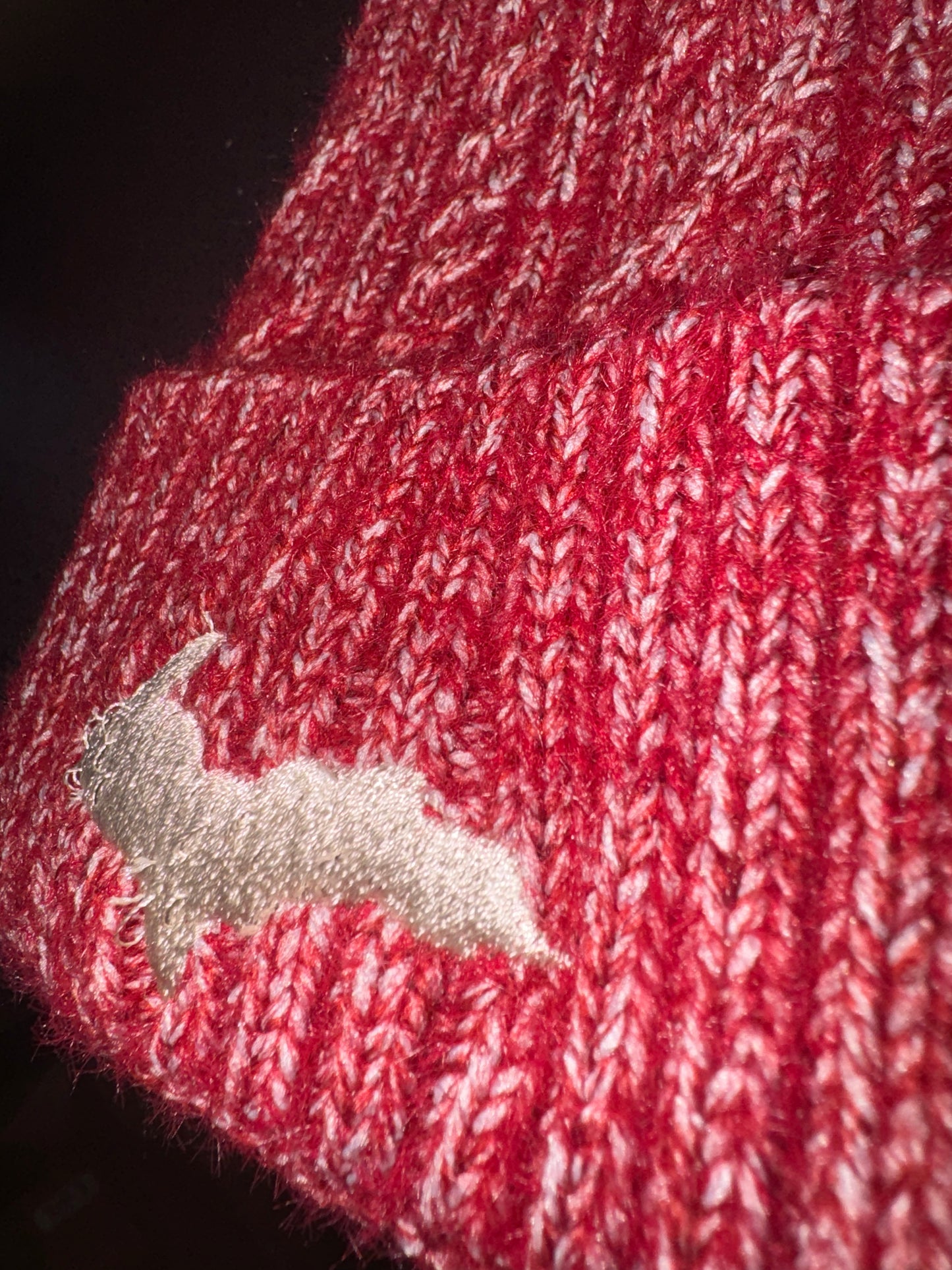 Verigated Beige & Red Knit Hat with Faux Pom