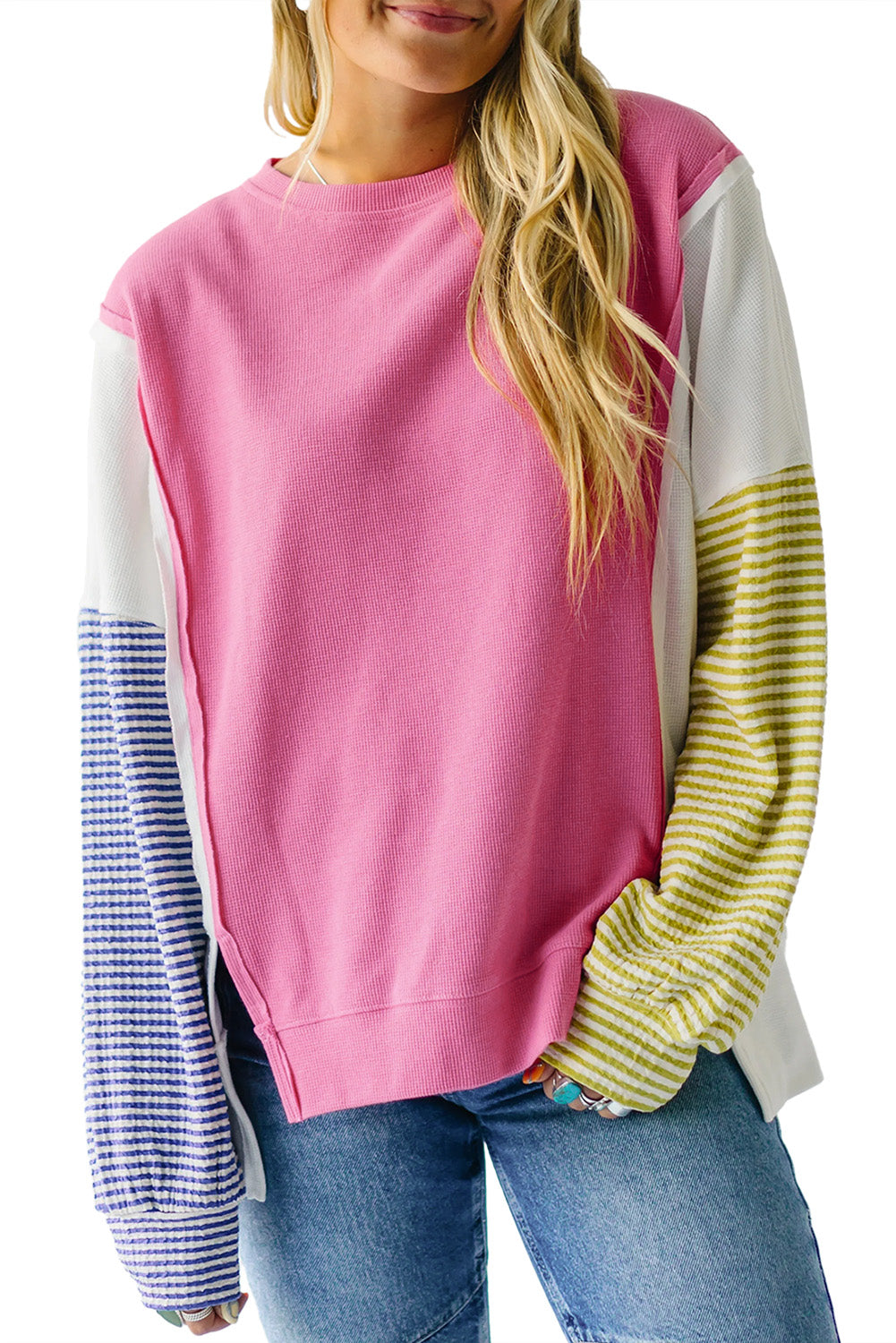 Sachet Pink Exposed Seam Striped Color Block Patchwork Long Sleeve Top