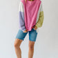 Sachet Pink Exposed Seam Striped Color Block Patchwork Long Sleeve Top