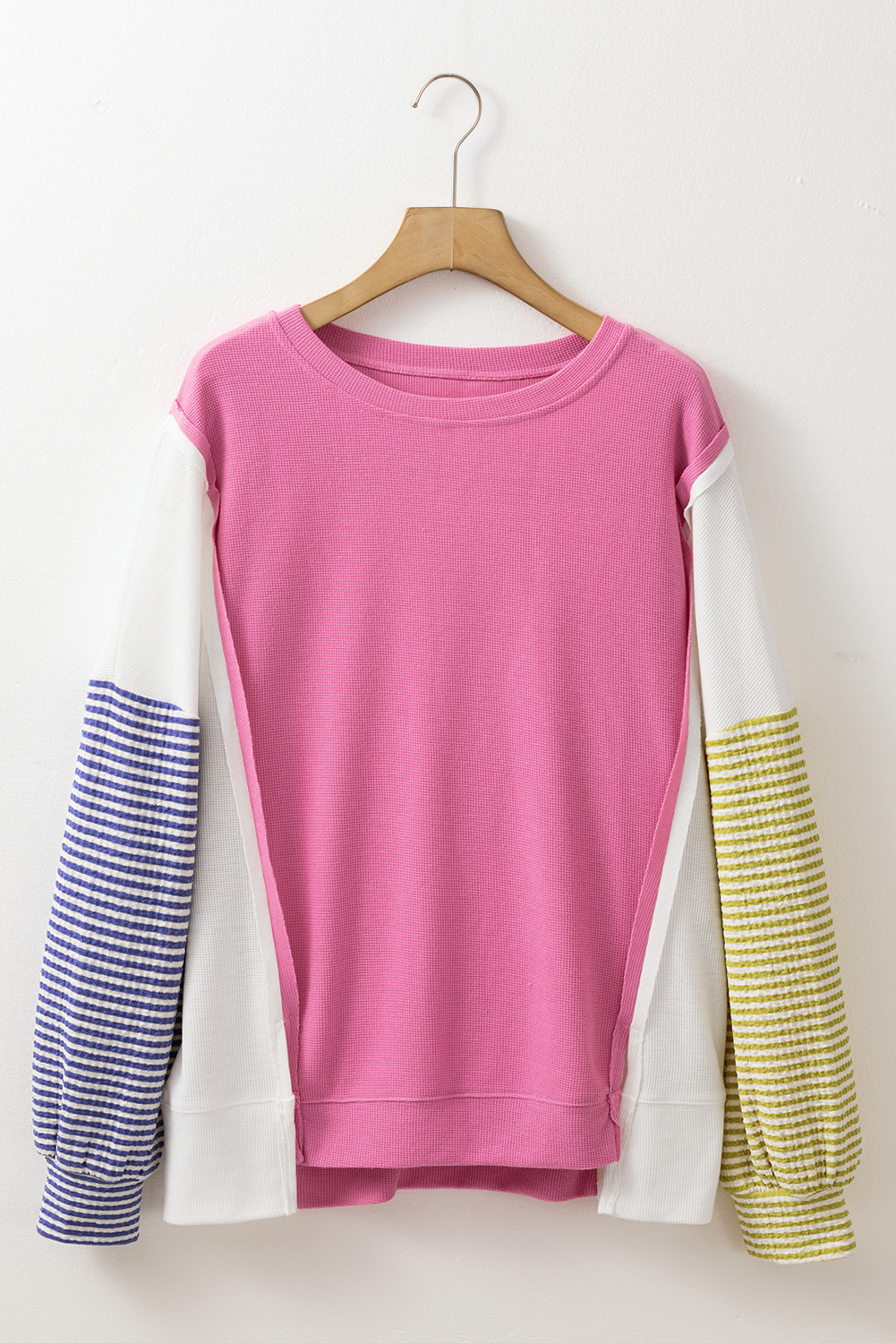 Sachet Pink Exposed Seam Striped Color Block Patchwork Long Sleeve Top