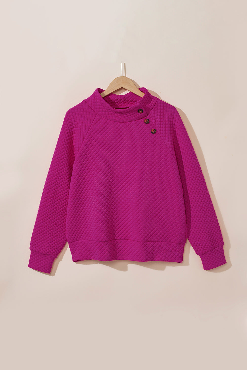 Rose Quilted Buttoned Neckline Stand Neck Pullover Sweatshirt