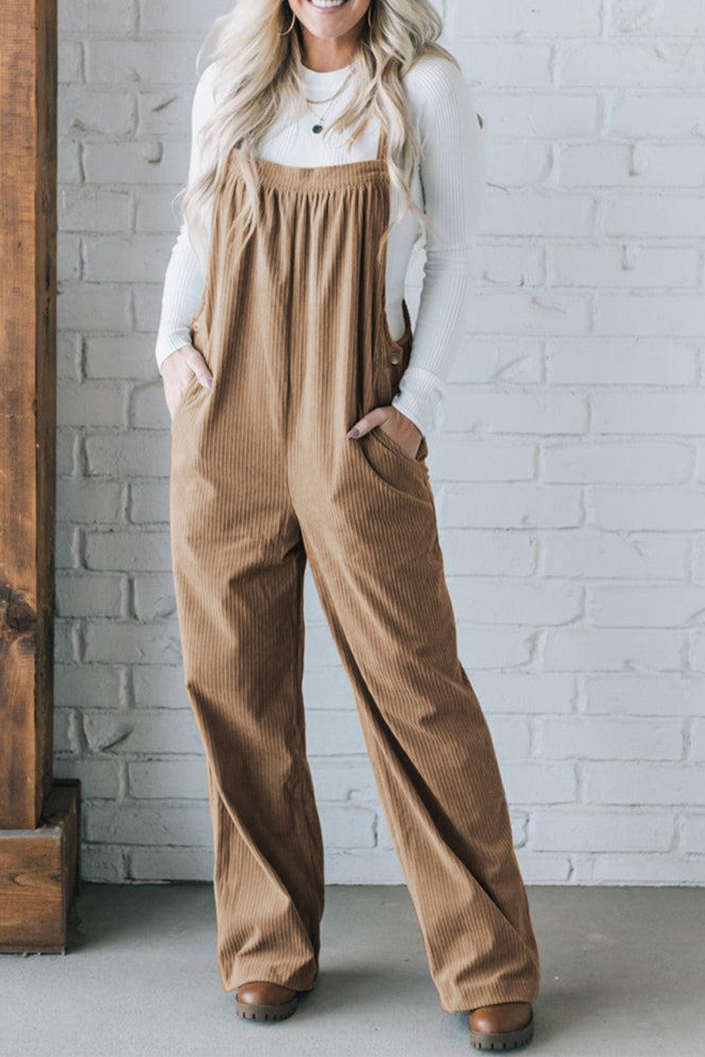 Solid Pocketed Loose Fit Corduroy Overall