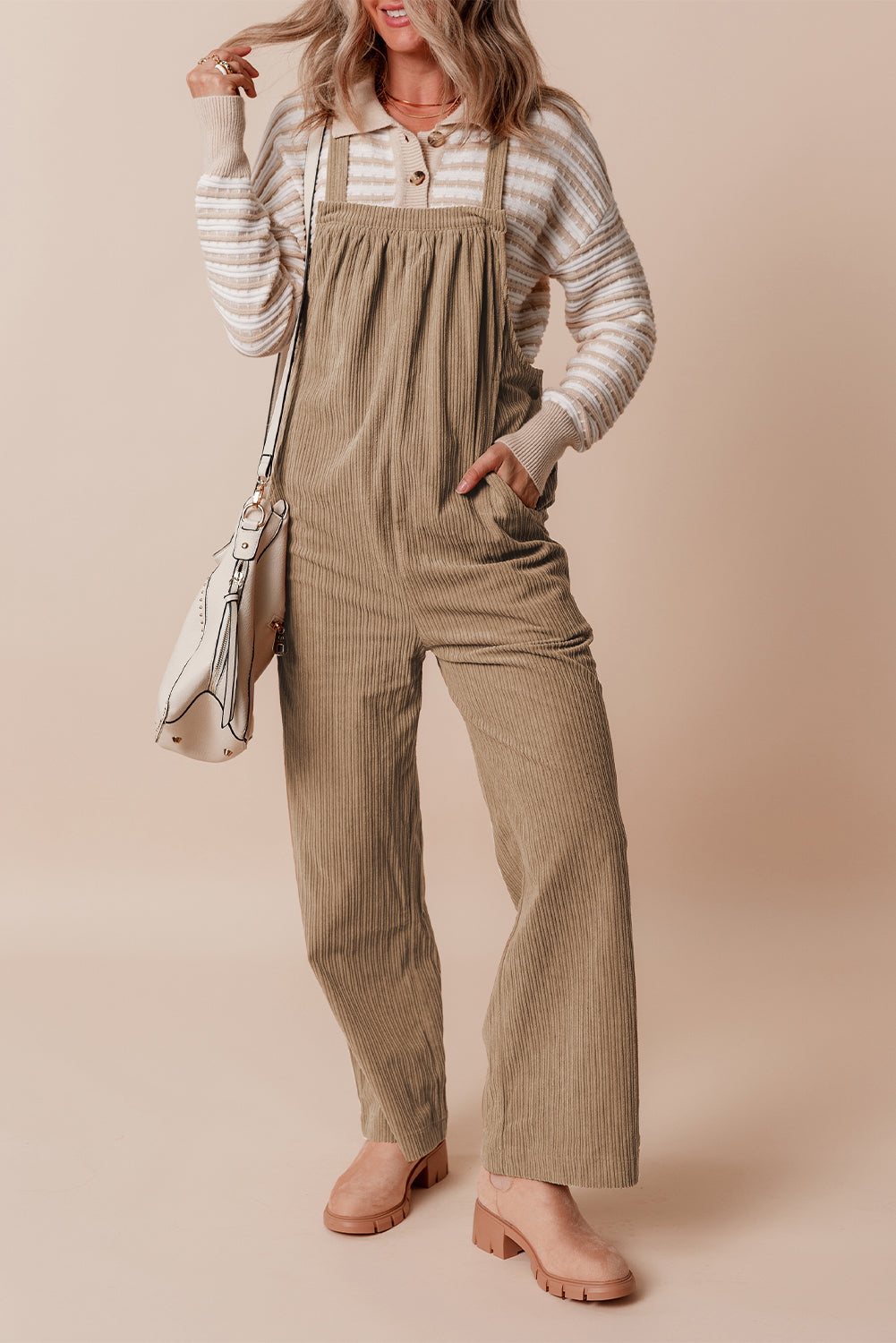 Solid Pocketed Loose Fit Corduroy Overall