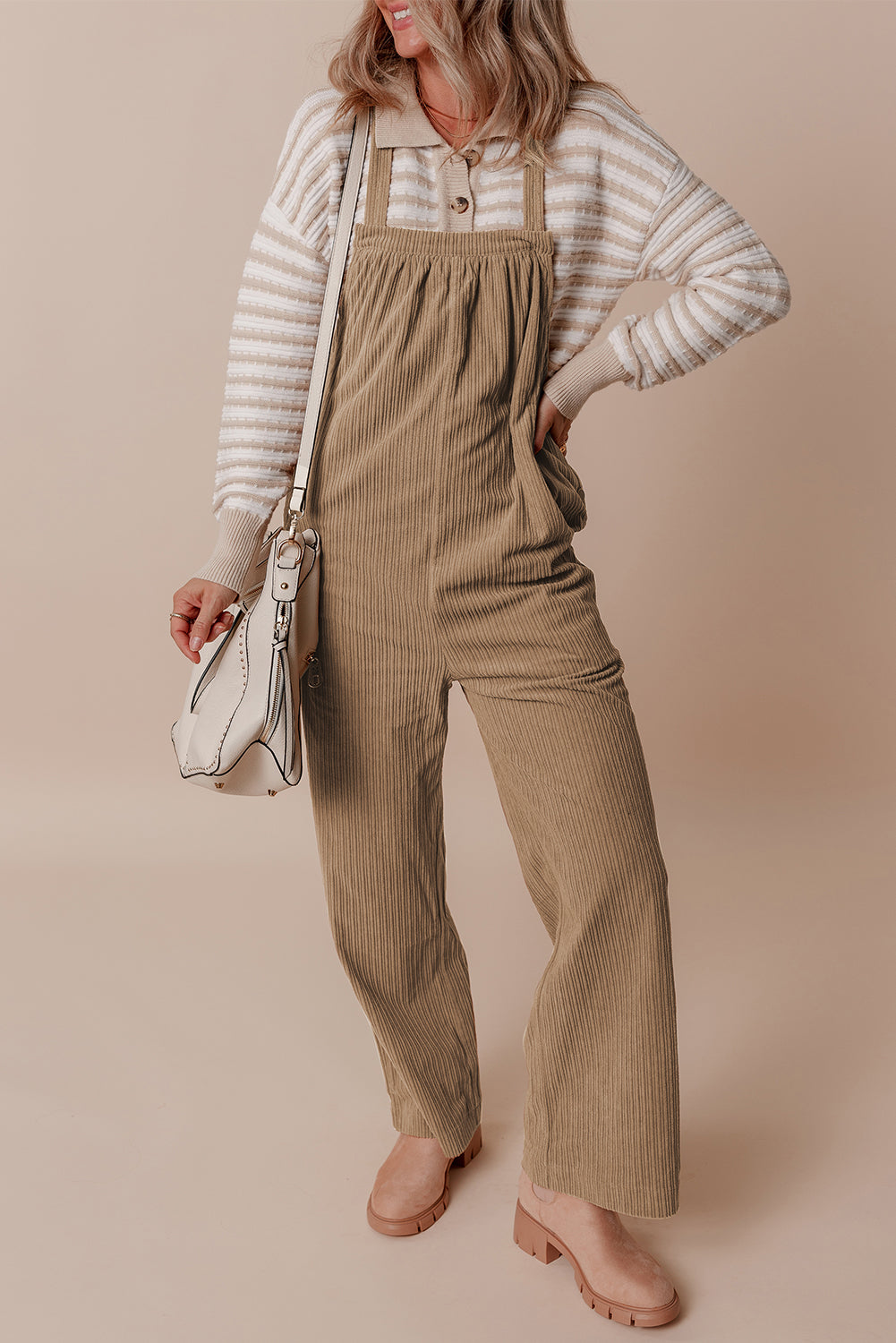 Solid Pocketed Loose Fit Corduroy Overall