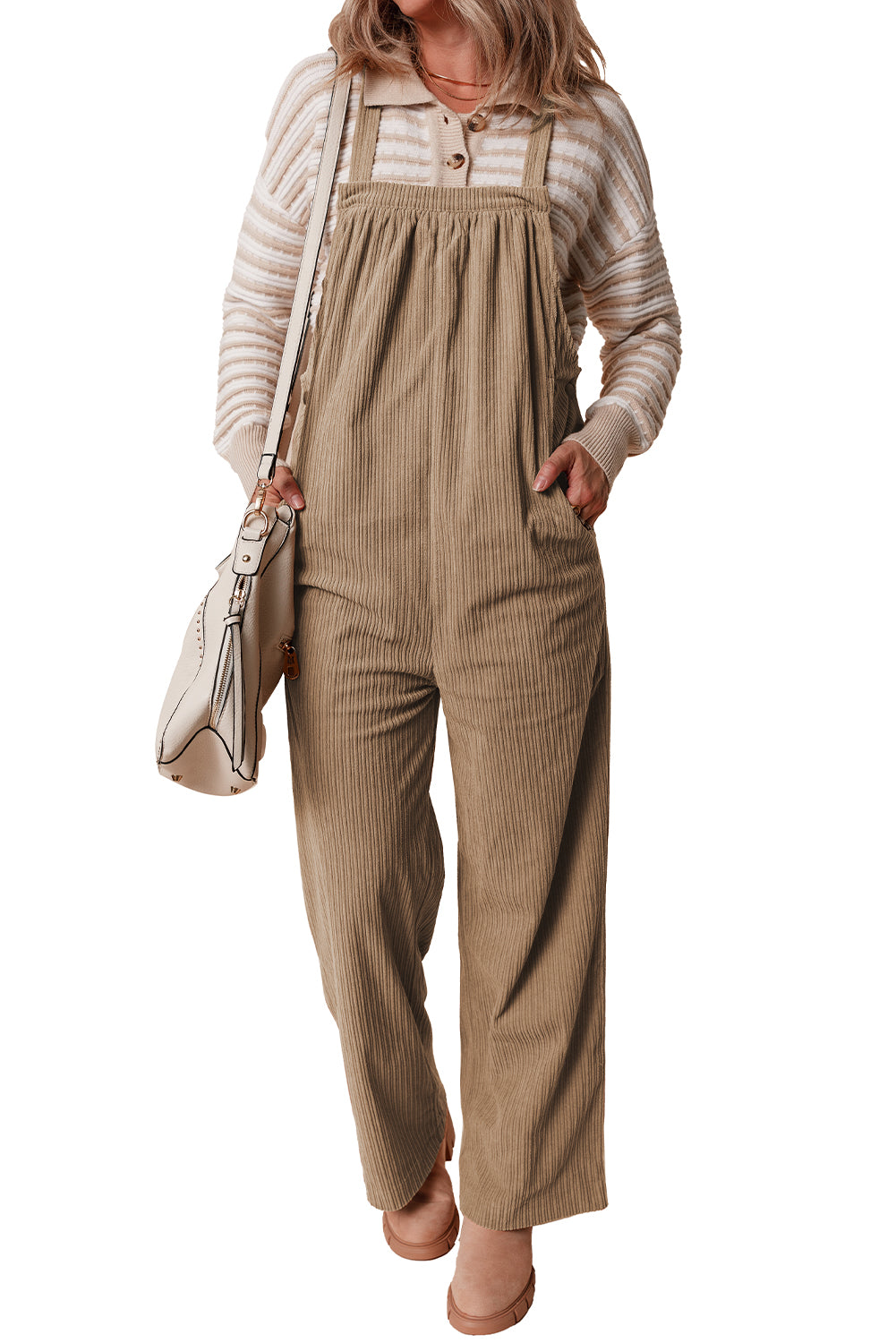 Solid Pocketed Loose Fit Corduroy Overall