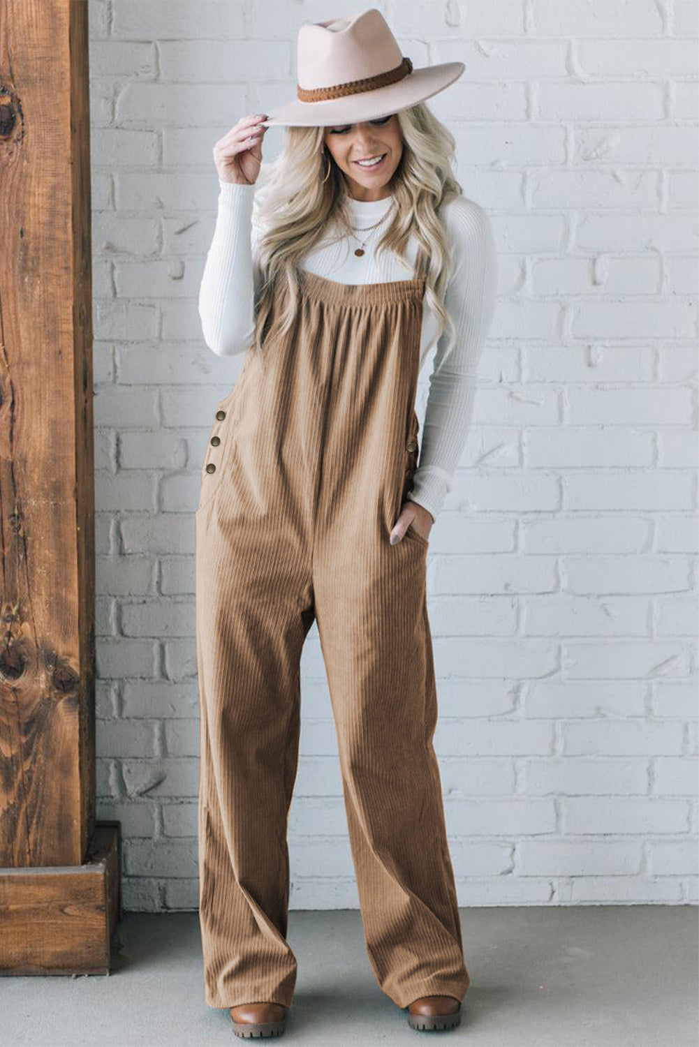 Solid Pocketed Loose Fit Corduroy Overall