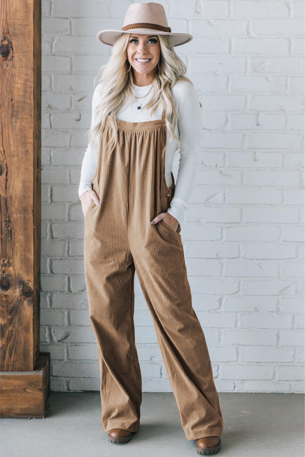 Solid Pocketed Loose Fit Corduroy Overall