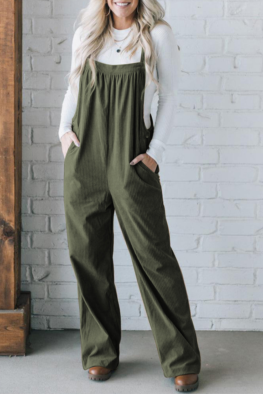 Solid Pocketed Loose Fit Corduroy Overall