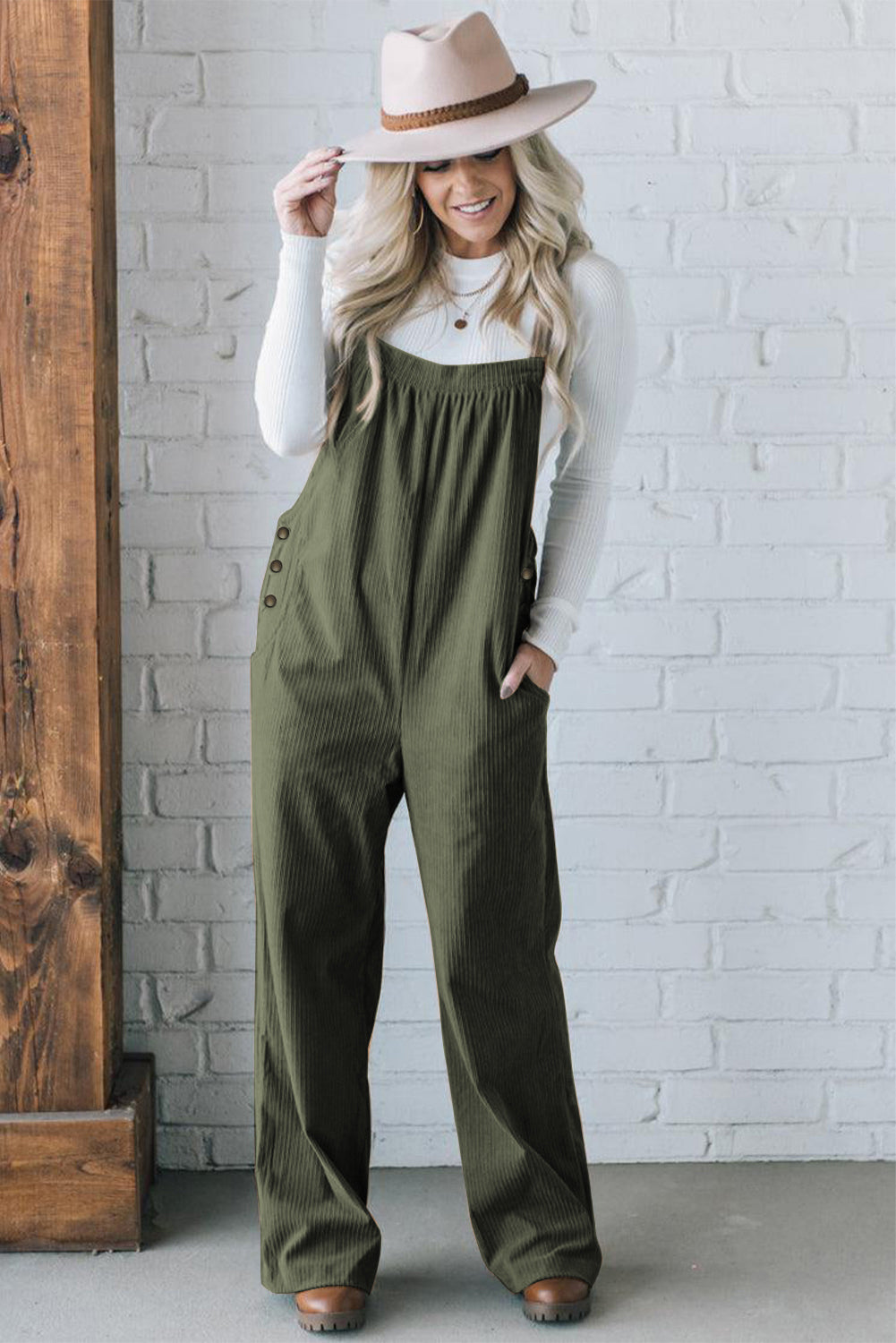 Solid Pocketed Loose Fit Corduroy Overall