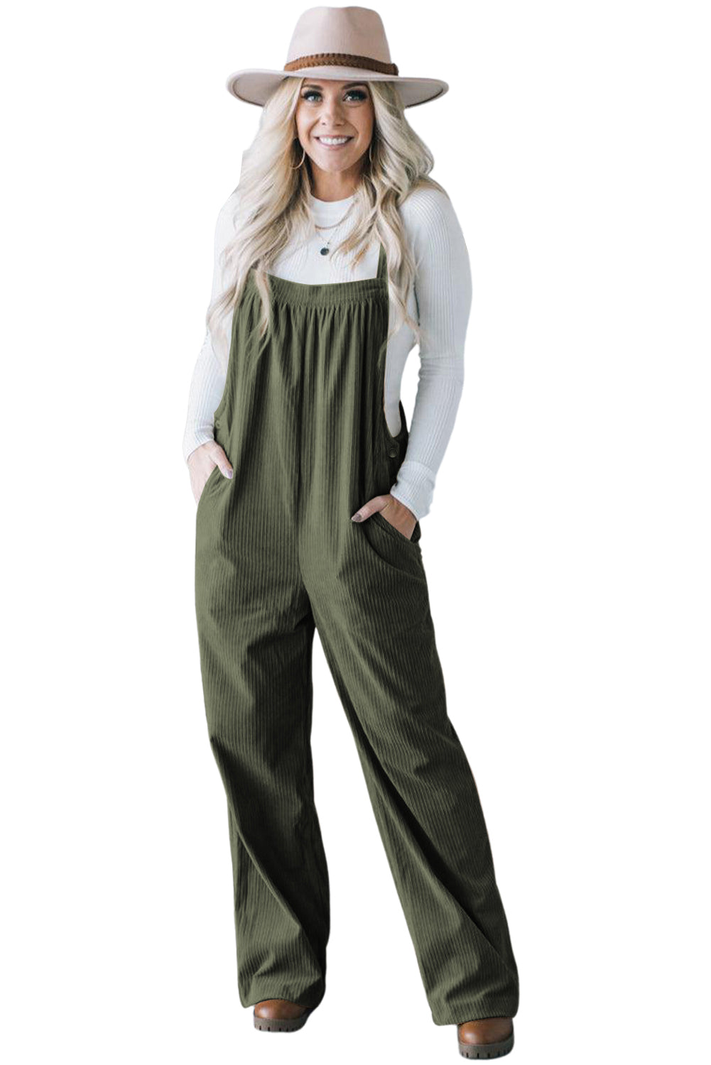 Solid Pocketed Loose Fit Corduroy Overall