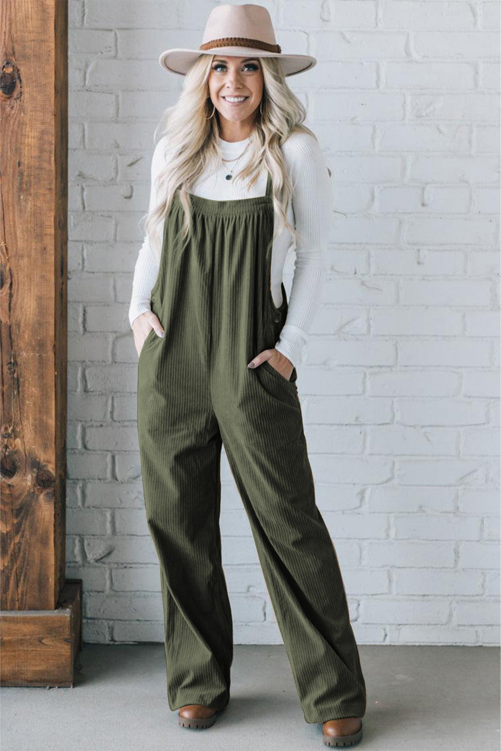 Solid Pocketed Loose Fit Corduroy Overall