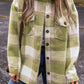 Sage Green Plaid Print Buttoned Flap Pockets Baggy Shacket