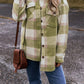 Sage Green Plaid Print Buttoned Flap Pockets Baggy Shacket