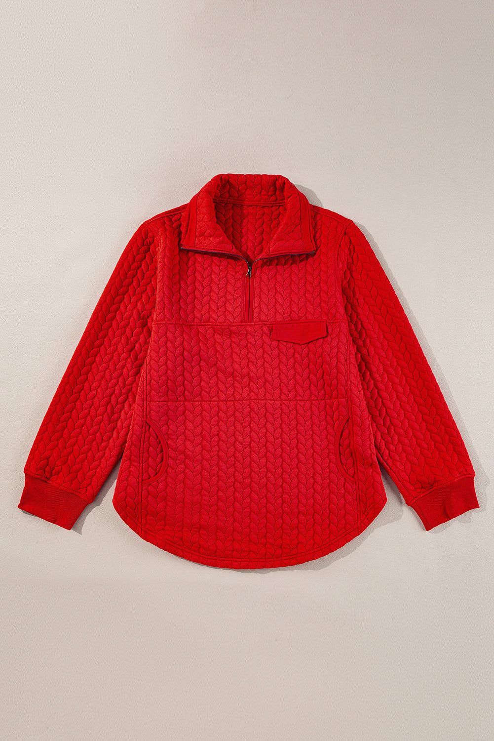 Red Cable Textured Quarter Zip Pocketed Plus Size Pullover