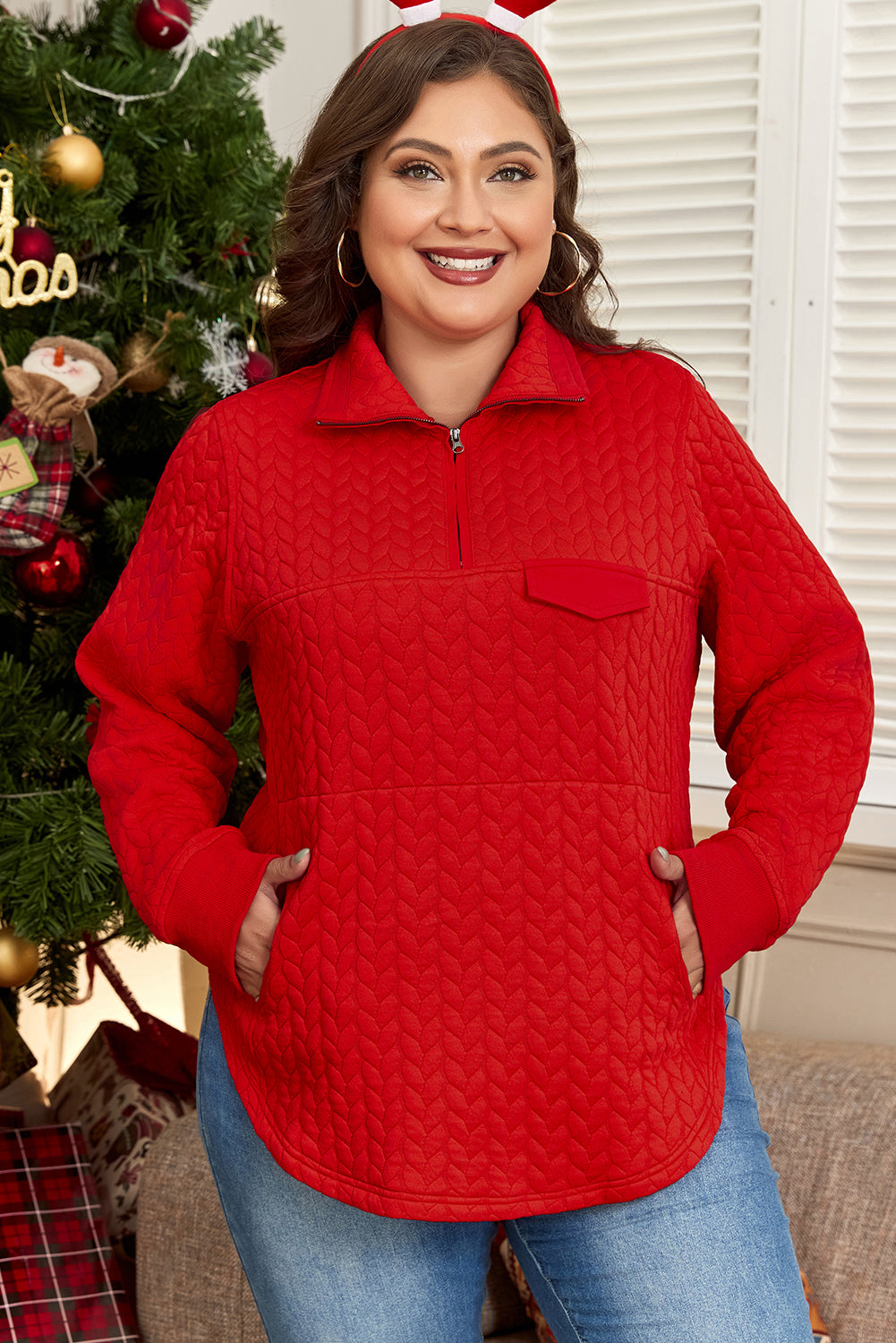 Red Cable Textured Quarter Zip Pocketed Plus Size Pullover