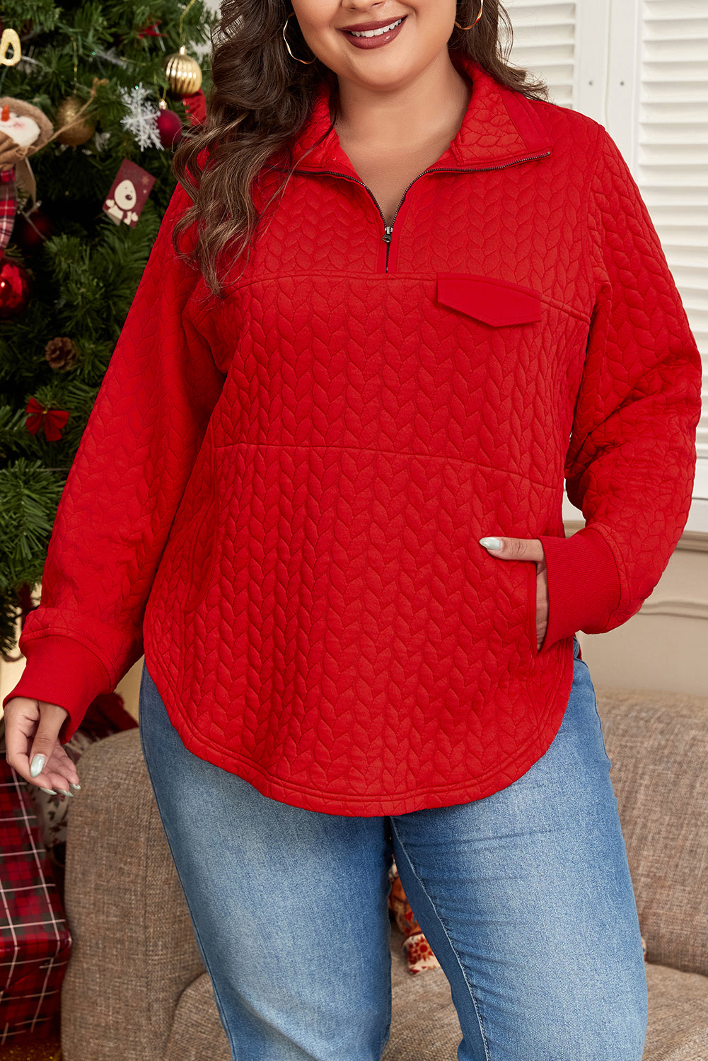 Red Cable Textured Quarter Zip Pocketed Plus Size Pullover