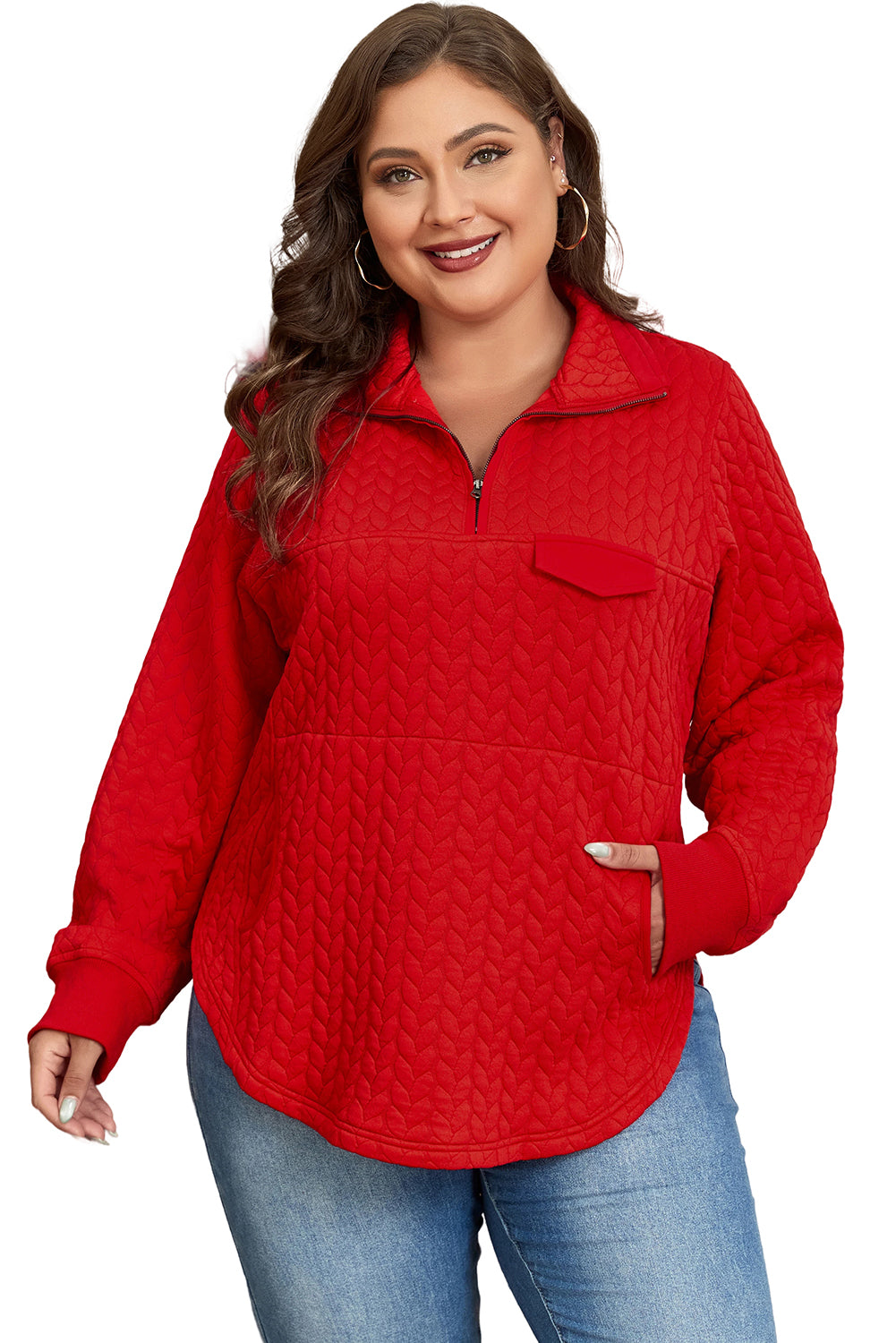 Red Cable Textured Quarter Zip Pocketed Plus Size Pullover