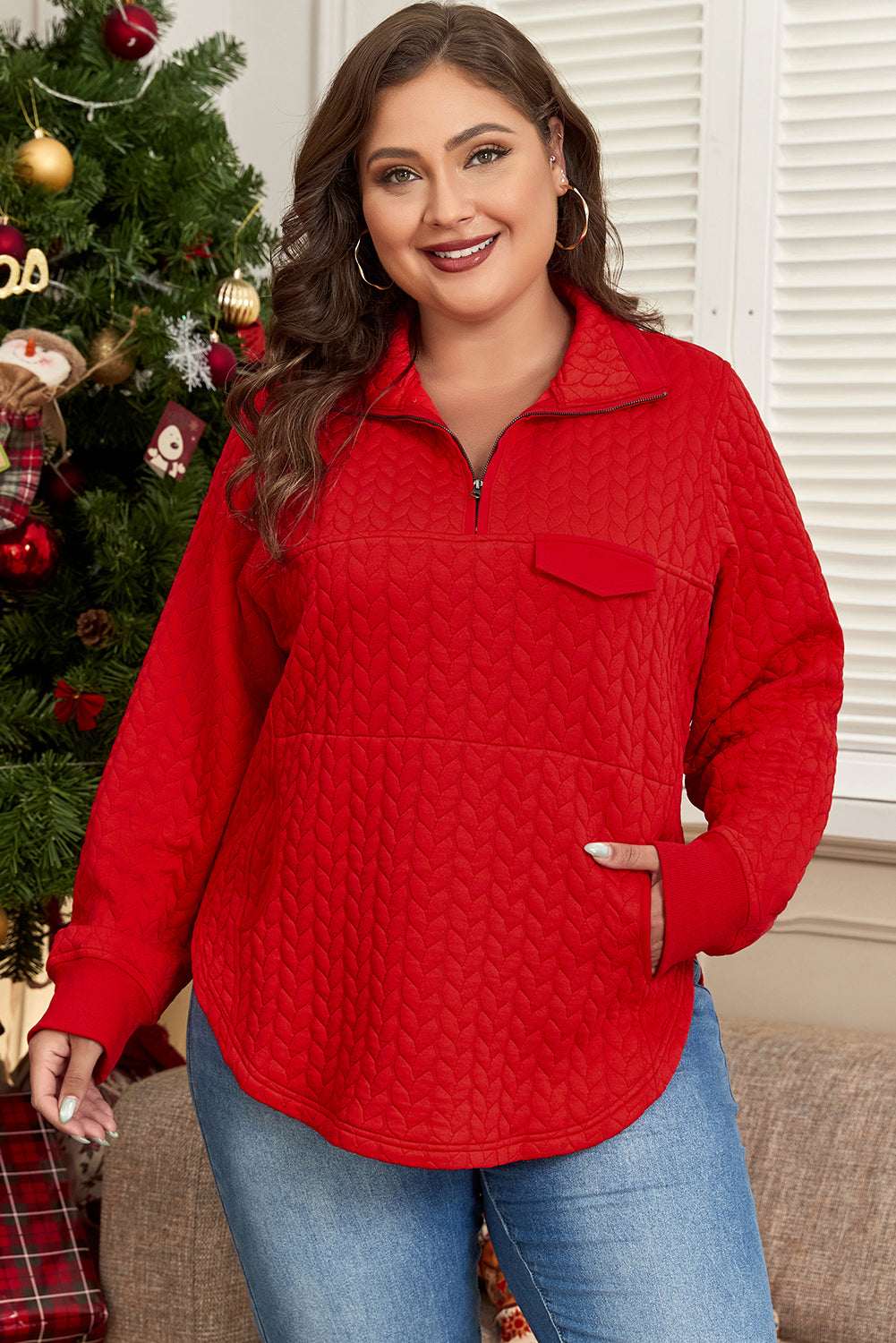 Red Cable Textured Quarter Zip Pocketed Plus Size Pullover