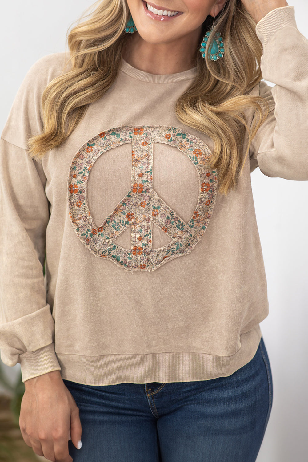 Plus Size Pre-Order Pale Khaki Floral Peace Sign Graphic Washed Terry Sweatshirt