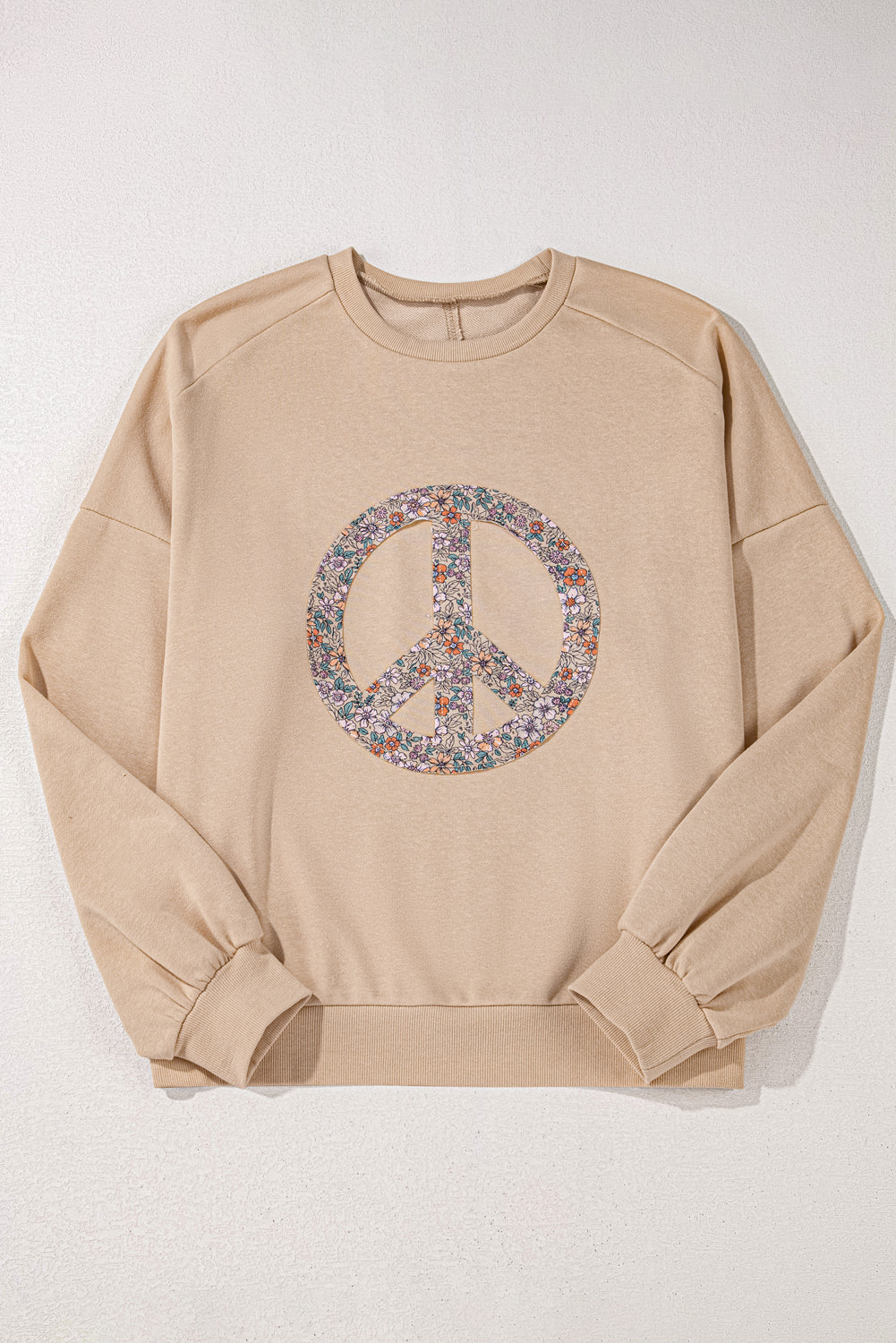 Plus Size Pre-Order Pale Khaki Floral Peace Sign Graphic Washed Terry Sweatshirt