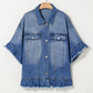 Peacock Blue Ruffled Frayed Short Sleeve Plus Size Denim Jacket