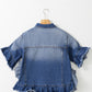 Peacock Blue Ruffled Frayed Short Sleeve Plus Size Denim Jacket