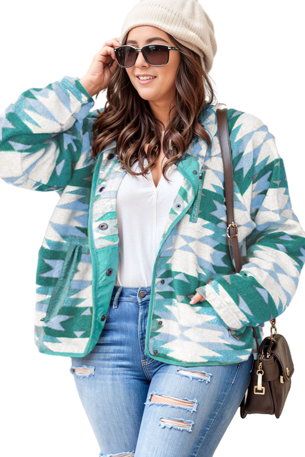 Green Geometric Aztec Pattern Plus Size Fleece Jacket