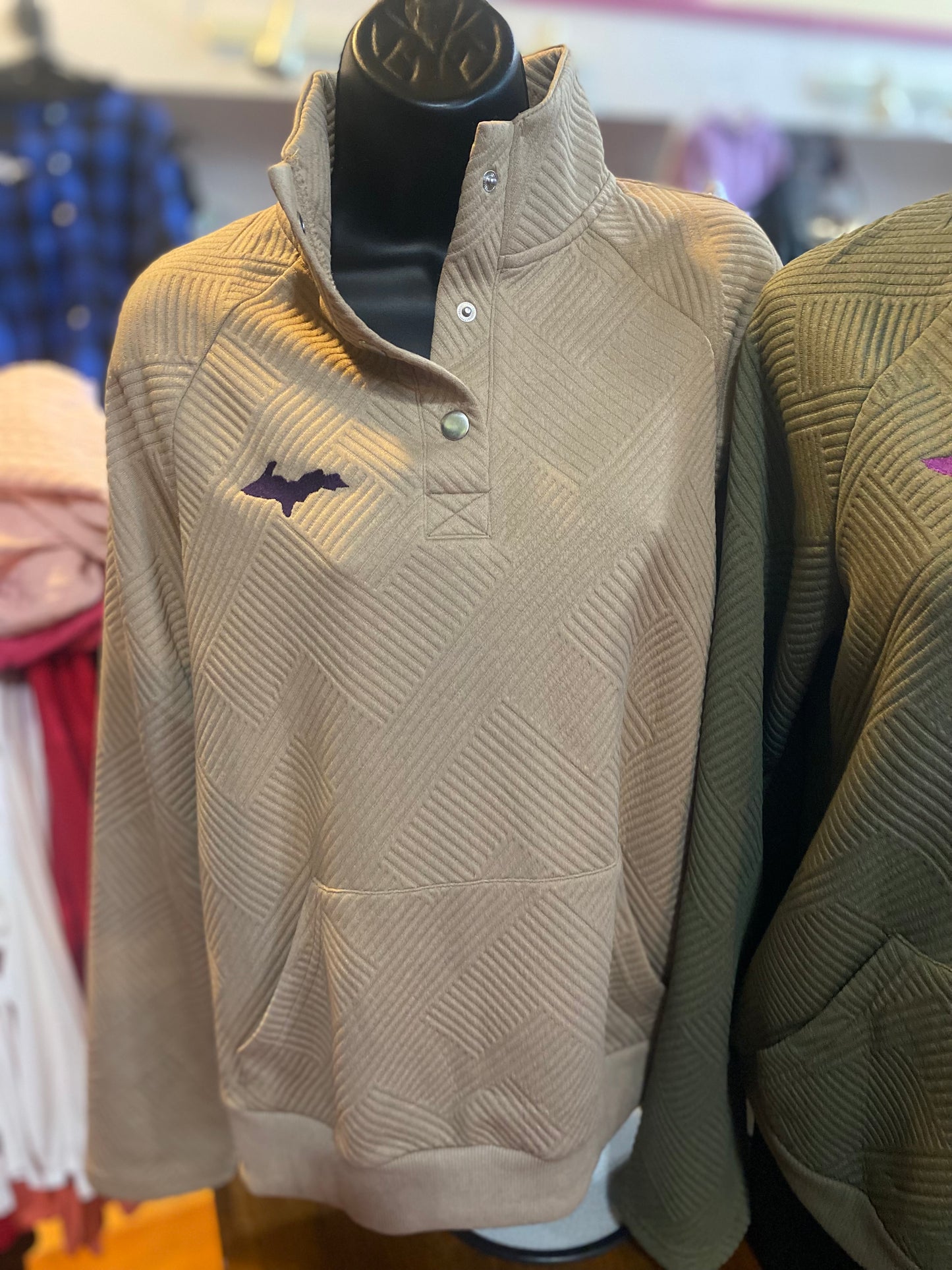 Textured Knit Buttoned Kangaroo Pocket Sweatshirt